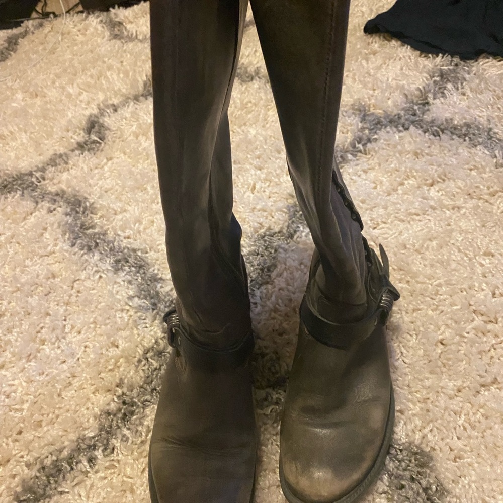 Gray leather boots